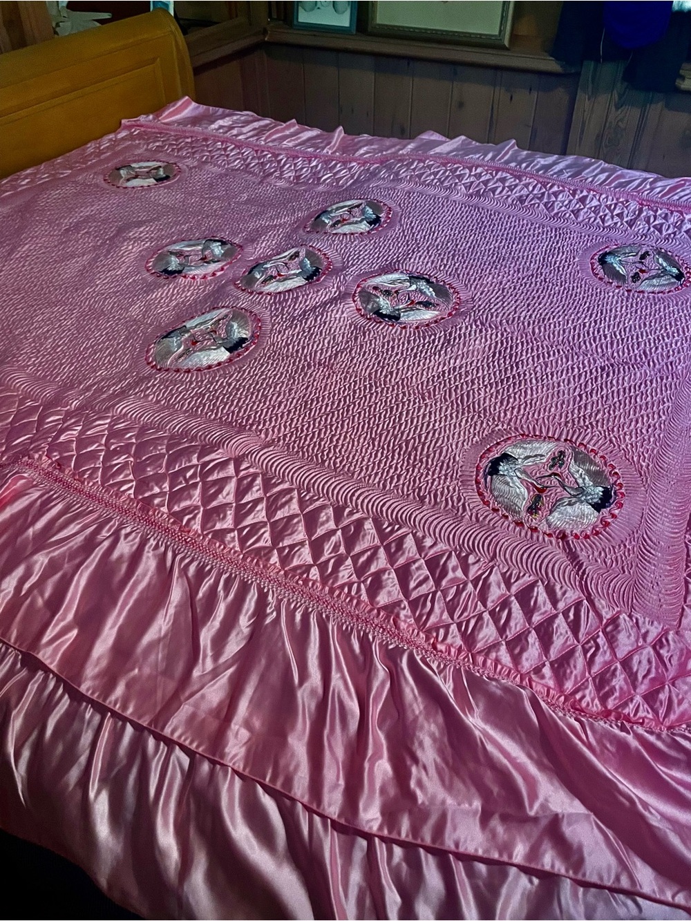 Pink Satin Ruffled Bedspread with Embroidered Medallions